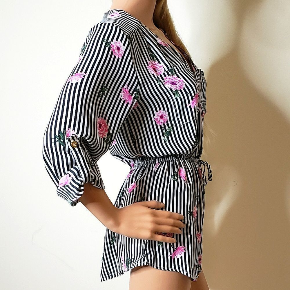 Justify Striped Floral Rose Pattern Long-Sleeve Tunic